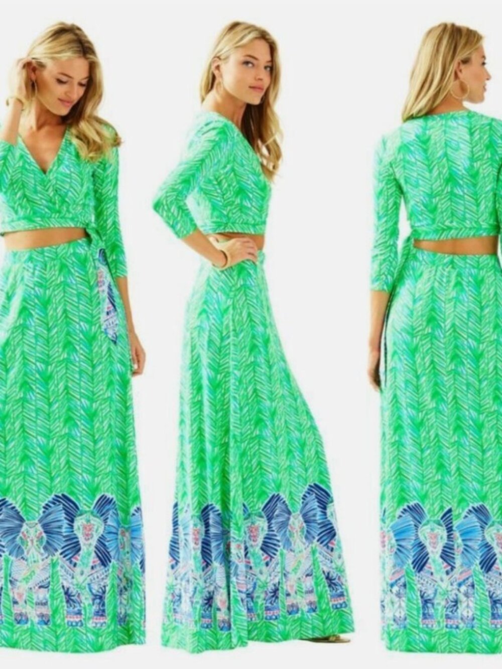 Lilly Pulitzer Ruari dress set costa verde wrap maxi skirt crop top elephant S